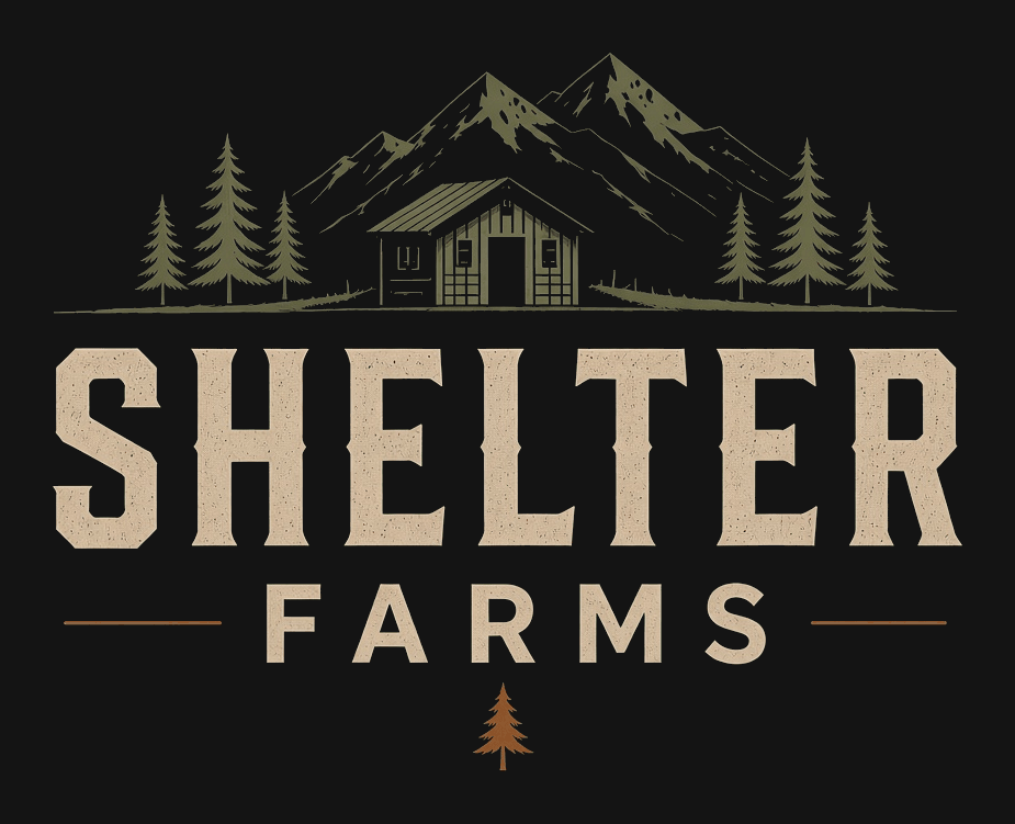 Shelter Farms logo: a cabin, mountains, and pines above the word Shelter, with Farms between two rust lines and a small pine below, on black.